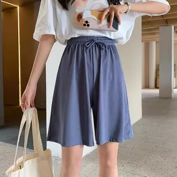 Женские летние дышащие шорты с высокой талией и широкими штанинами на шнурке S бежевый