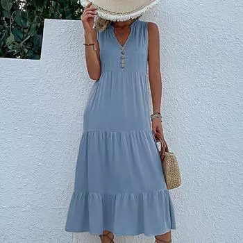 Women Summer Dress A-Line Knee-Length V Neck Sleeveless Solid Color S светло-синий