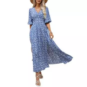 Women Summer Dress Flower Print V Neck Button Decor Half Sleeves Split Hem Mid-calf Length Bohemian Beach Style A-line Tight High Waist Lady XL