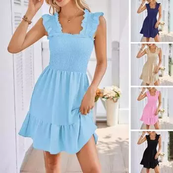 Женское летнее платье с рюшами, эластичным бюстом, квадратным вырезом, без рукавов, с открытой спиной, в стиле пэчворк, плиссированное, трапециевидной формы, подол, сплошной цвет, длиной выше колена, вечерние мини-платье XL светло-синий