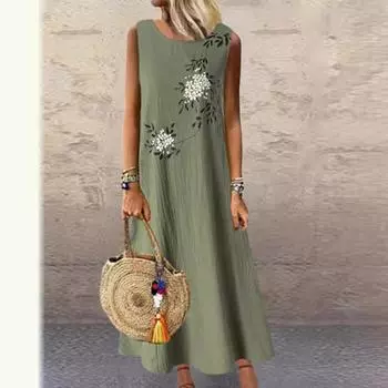 Women Summer Dress Sexy Print Dress Casual Loose Sleeveless Print Long Dress Plus Size XXXXXL зелёный