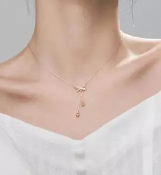Women Summer Fashion Simple Bow Tassel Necklace Clavicle Chain Necklace Jewelry Accessories Valentines Day Birthday Gifts розового золота