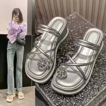 Women Summer Flat Rhinestone Flower Beach Slippers Comfy Clip Toe Lady Flat Beach Sandals Casual Female Flip Flops Zapatos Mujer 38 бежевый