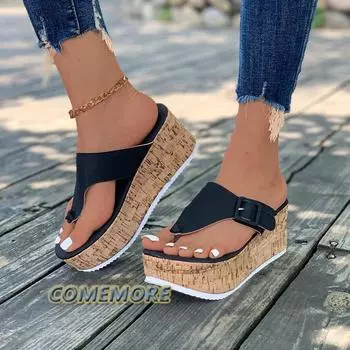 Женские летние шлепанцы, женские босоножки на танкетке и платформе, сандалии с пряжкой, нескользящие пляжные шлепанцы на платформе 2024 35 бежевый