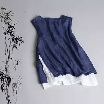 Женские летние свободные повседневные двухслойные топы без рукавов с круглым вырезом из хлопка и льна XXL белый