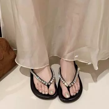 Women Summer Luxury Slides Shoes Rubber Flip Flops Shale Female Beach Pantofle Platform Designer Hawaiian Rhinestone Slippers 35 бежевый
