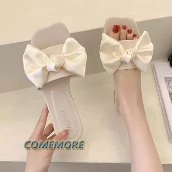 Women Summer New Bow-knot Slippers Fashion Flat Large Size Candy Colors Sandals Female Sexy Casual Outdoor Beach Shoes 2024 New 35 чёрный