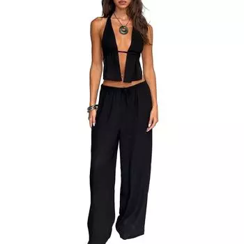 Women Summer Pants Outfits Stripe Tie-Up Halter Neck Backless Sleeveless Tank Tops Wide-Leg Pants 2 Pieces Clothes Set S чёрный