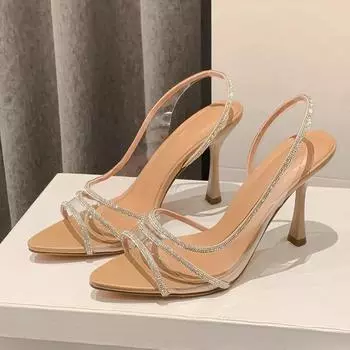 Women Summer Rhinestone Slingback Pumps Office Lady Transparent Heeled Sandals Elegant Pointed Toe Female Sexy High Heels 35