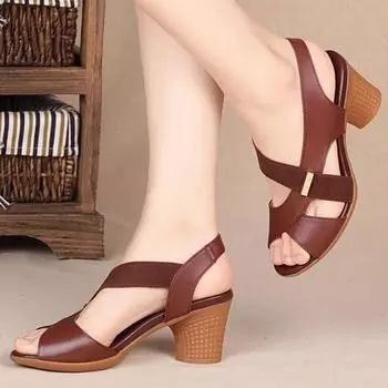 Women Summer Sandals Platform Round Mid Heel Back Strap Peep Toe Pu Leather Beach Casual Fashion Shoes Ladies Female 2024 35 чёрный