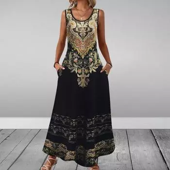 Women Summer Sleeveless A Line Loose Long Striped Print Dress Plus Size Beach Clothing S