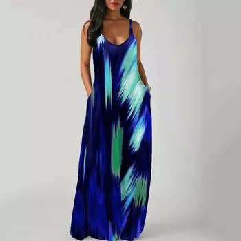 Women Summer Spaghetti Strap A Line Loose Long Floral Print Dress Plus Size Beach Clothing S