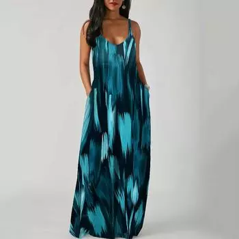 Women Summer Spaghetti Strap A Line Loose Long Floral Print Dress Plus Size Beach Clothing S