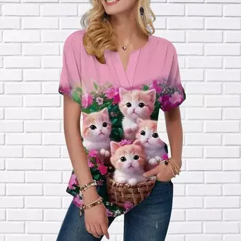 Женская летняя футболка с принтом «Семейство кошек» Футболки с короткими рукавами Повседневные топы с принтом Маленький V-образный вырез Короткие рукава XS разноцветный