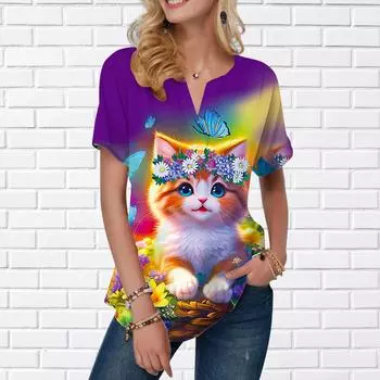 Женская летняя футболка с принтом «Кошки и бабочки» с коротким рукавом, повседневные топы с принтом, небольшой V-образный вырез, короткие рукава XS синий