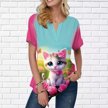 Женская летняя футболка с милым принтом кота, футболки с коротким рукавом, повседневные топы с принтом, небольшой V-образный вырез, короткие рукава XS разноцветный
