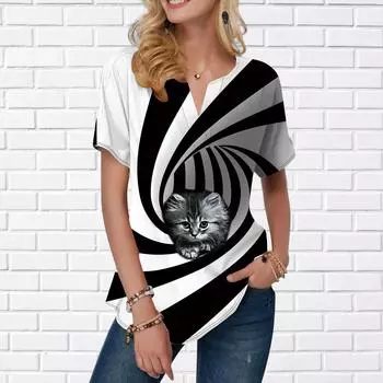 Женская летняя футболка с принтом в виде кошки и спиральными отверстиями, футболки с короткими рукавами, повседневные топы с принтом, небольшой V-образный вырез, короткие рукава XS белый