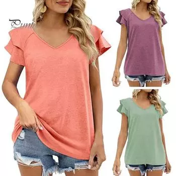 Женская летняя футболка с V-образным вырезом, двухслойная, с оборками, с коротким рукавом, однотонная, свободная блузка, уличная одежда M фиолетовый