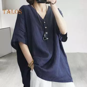 Женские летние топы с v-образным вырезом и пуговицами, футболка с короткими рукавами и однотонным пуловером свободного покроя, уличная одежда L серый