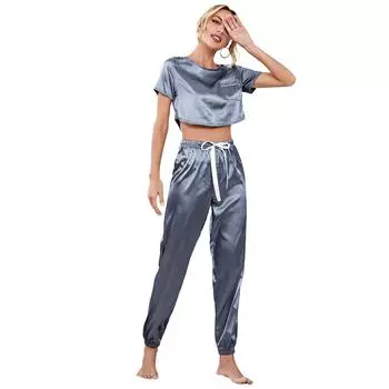 Women Summer Two Pieces Sets Pajamas with Trousers Short Sleeve Top O-neck Cropped Pants Homewear Thin Solid Hood Elastic M шампанского