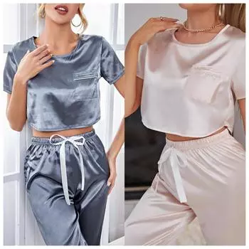 Women Summer Two Pieces Sets Pajamas with Trousers Short Sleeve Top O-neck Cropped Pants Homewear Thin Solid Hood Elastic M шампанского