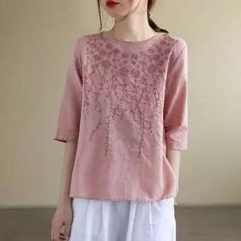 Женские летние винтажные стильные свободные хлопковые льняные повседневные футболки с цветочной вышивкой, женские топы с короткими рукавами, футболки S красный