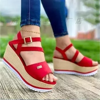 Women Summer Woven Wedge Roman Sandals Women Retro Ankle Buckle Chunky Platform Sandles Woman Open Toe Thick Bottom Sandalias 35 чёрный
