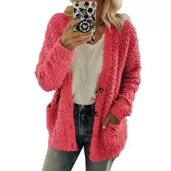 Women Sweater Coat Long Sleeve Collarless Knitting Jacket with Pockets Loose Fit Solid Color Tops Coat Autumn Winter Wear L