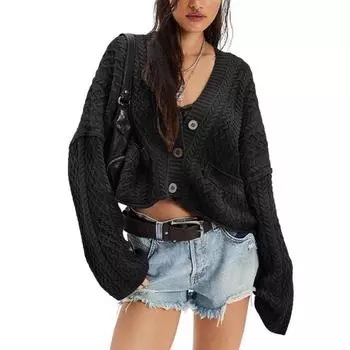 Women Sweater Coat V-Neck Long Sleeve Buttons Closure Cardigan Jacket with Pockets Solid Color Twist Texture Knitting Coat S