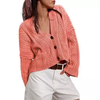 Women Sweater Coat V-Neck Long Sleeve Buttons Closure Cardigan Jacket with Pockets Solid Color Twist Texture Knitting Coat S