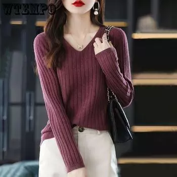 Women Sweater Long Sleeve Top Knitted Pullover V-Neck Fashion Sweater Woman Winter Basic Female Clothing Soild Sweaters One Size чёрный