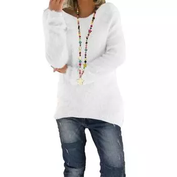 Women Sweater Tops Round Neck Long Sleeve Loose Fit Knitting Tops Solid Color Elastic Breathable Knitwear 2XL