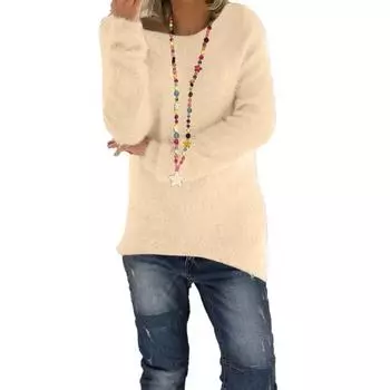 Women Sweater Tops Round Neck Long Sleeve Loose Fit Knitting Tops Solid Color Elastic Breathable Knitwear M