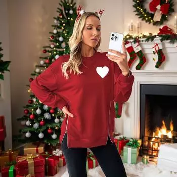 Женская толстовка, красный пуловер, повседневная свободная толстовка с принтом в виде буквы «сердце» для веселого Рождества S красный