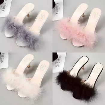 Women Sweet Faux Fur Crystal Heel Slides Lady Fashion Transparent High Cup Heel Sandals 43 белый