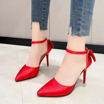 Women Sweet Pointed Toe Shallow Mouth Pumps New Red Wedding Shoes Kitten High Heels Fashion Bow Tie One-line Belt Shoes 34 чёрный