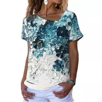 Женская футболка Элегантная 3D-принт с коротким рукавом Летняя повседневная свободная персонализированная футболка с диагональным воротником Женская одежда для женщин S