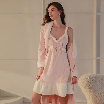 Women Thick Velvet Vertical Stripe Nightgowns Sexy V-neck Sleepshirts Porn Tie Up Lounge Clothing Comfortable Outer Robe one size