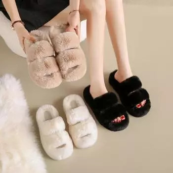 Женские утепленные плюшевые меховые тапочки, зимние мокасины на толстой платформе, мюли, женские хлопковые тапочки с толстой подошвой, черные шлепанцы 35 чёрный