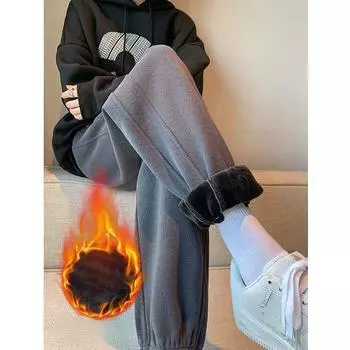 Женские утолщенные овечьи шерстяные брюки с эластичной резинкой на талии, однотонные, свободные, с карманами на щиколотке, прямые спортивные брюки S чёрный