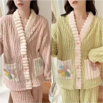 Women Thickened Warm Flannel Cardigan Pajamas V-Neck Comfortable Floral Homewear Soft Loose Loungewear Maternity Easier To Wear One size: розовый