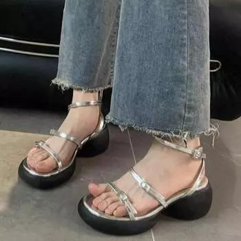 Women Thin Strap Platform Sandals Summer New Square Head Solid Color Buckle High Heels Outdoor Non-slip Shoes Sandalias De Mujer 35 серебряный