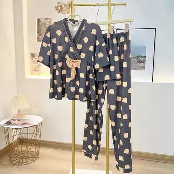 Women Three-Piece Sets Spring and Summer Pajamas with Bow Short Sleeve Top Pants V-Neck Homewear Thin Loose Pullover Cartoon L фиолетовый