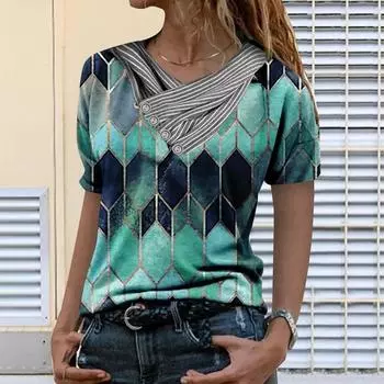 Women Tie-dye Printed Embroidery Collar Splicing Sleeve Pullover Blouse Tops S
