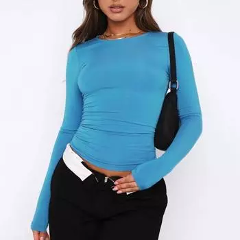 Женский топ с длинным рукавом, облегающий эластичный пуловер, однотонный, круглый вырез, короткая талия, тонкая женская футболка в простом стиле, блузка M королевский синий