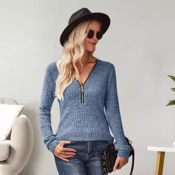 Женские топы с V-образным вырезом, застежкой-молнией и полузастежкой, с длинным рукавом, однотонные, облегающие, ребристые, трикотажные S чёрный