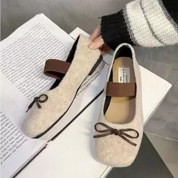 Women Trend Bow Flats Marie Janes Square Toe Shoes 2025 Winter New Lolita Ballet Casual Shoes Fashion Dress Zapatillas Mujer 35 серый