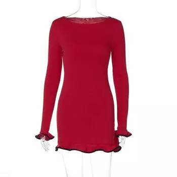Women Trendy Fashion Sexy Long Sleeve High Waist Dress Red M