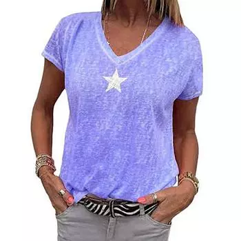 Women Tshirt Vneck Casual Loose Star Summer Shirts Solid Short New Sleeve Purple,L