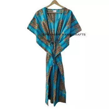 Женское бирюзовое тибетское тигровое принтовое хлопковое макси бохо пляжное платье-кафтан CKFTN-SCRN-FULL-BUYIT-147